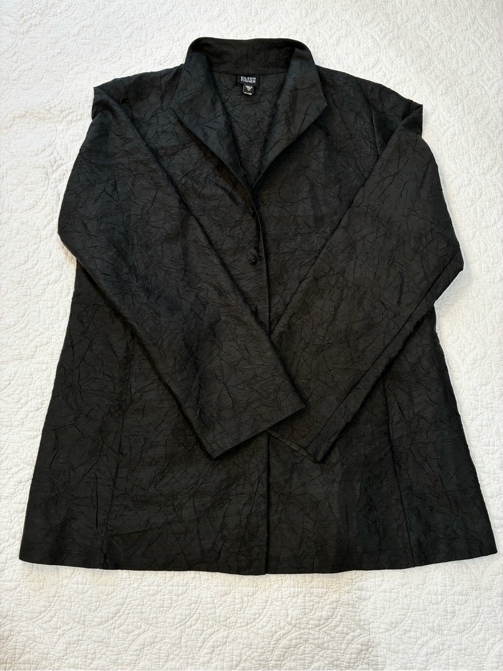 Eileen Fisher Black Crinkled Silk Jacket Top Size M Long Sleeve Button Front
